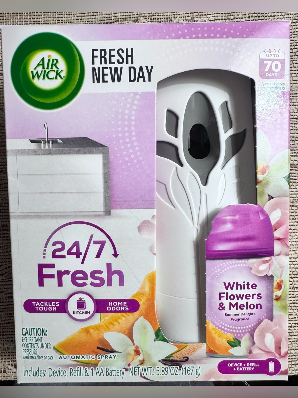 Air Wick 24/7 Fresh Automatic Spray Holder and White Flowers & Melon Refill